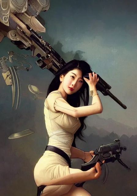 Prompt: realistic asian woman holding a vintage sci - fi gun, handsome, intricate, elegant, highly detailed, digital painting, artstation, concept art, smooth, sharp focus, illustration, art by artgerm and greg rutkowski and alphonse mucha and william - adolphe bouguereau