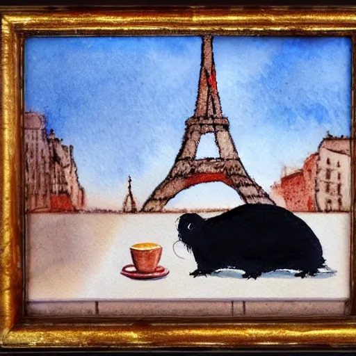 Prompt: a guinea pig sitting in a cafe in paris, it's evening, the eiffel tower is visible in the background, watercolour realism