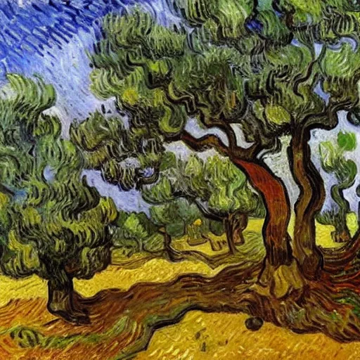 Image similar to olive trees in an ancient greek temple landscape, trending on art station, painting by vincent van gogh