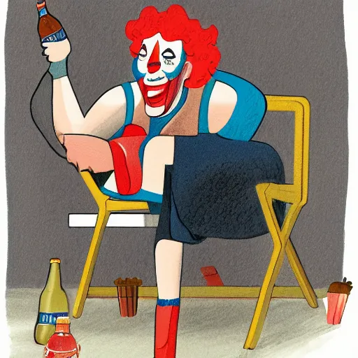 Image similar to illustration of the greek god eros who is a clown, has hurt his knee, sitting in a chair and is watching the game on tv, beer in hand