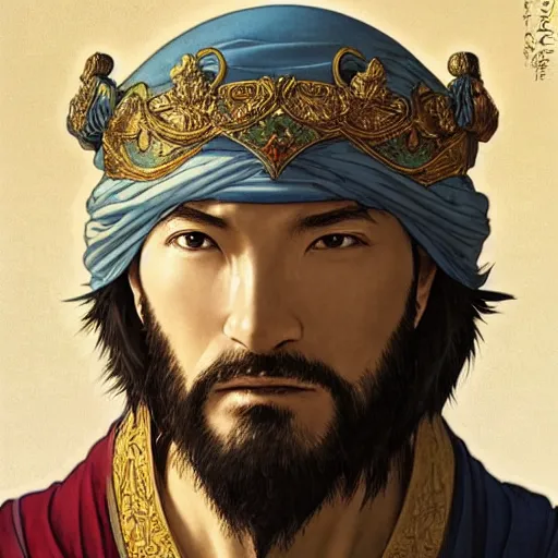 Image similar to highly detailed vfx portrait of marco polo ( from honor of kings ) by eiichiro oda, makoto shinkai, alphonse mucha, sharp focus, art by artgerm and greg rutkowski!, backlit, harsh overhead sunlight, blue eyes!!, aquiline nose!!, stanley kybric, kaoru mori, detailed,