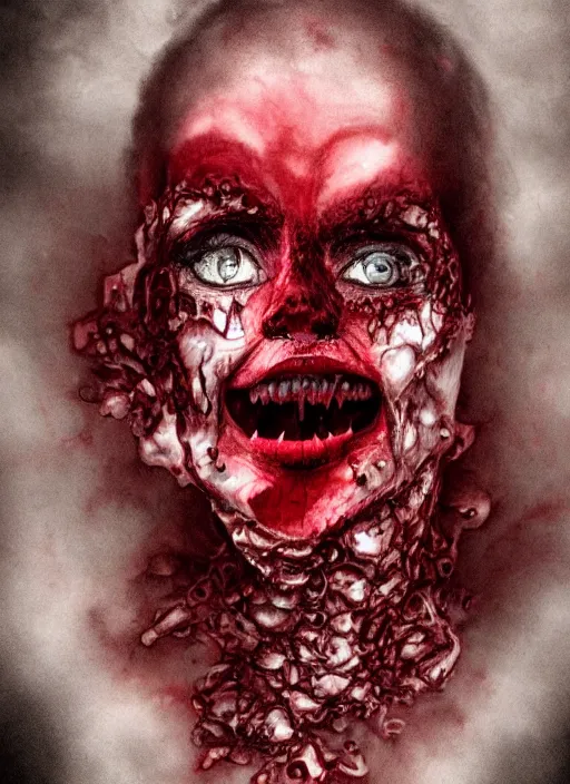 Image similar to dramatic dark red matte portrait painting of woman evil smile with black mandelbrot fractal instead of face, horror, body horror, dark art, 4 k, detailed, realistic, psychotic, insane, crazy, mental illness, dramatic,