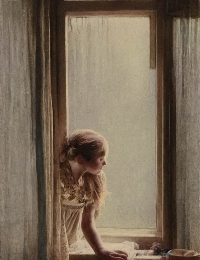 Prompt: peasant girl in a morning in country house looking in a window, cottage core, polaroid photo bleached vintage pastel colors high - key lighting, soft lights, foggy, by steve hanks, by lisa yuskavage, by serov valentin, by tarkovsky, detailed, oil on canvas