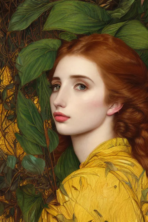 Prompt: masterpiece beautiful seductive flowing curves preraphaelite face portrait of emma roberts amongst leaves, extreme close up shot, yellow ochre ornate medieval dress, branching abstract decorate structural circle, halo, amongst foliage, gold gilded circle halo, kilian eng and frederic leighton and rosetti, 4 k