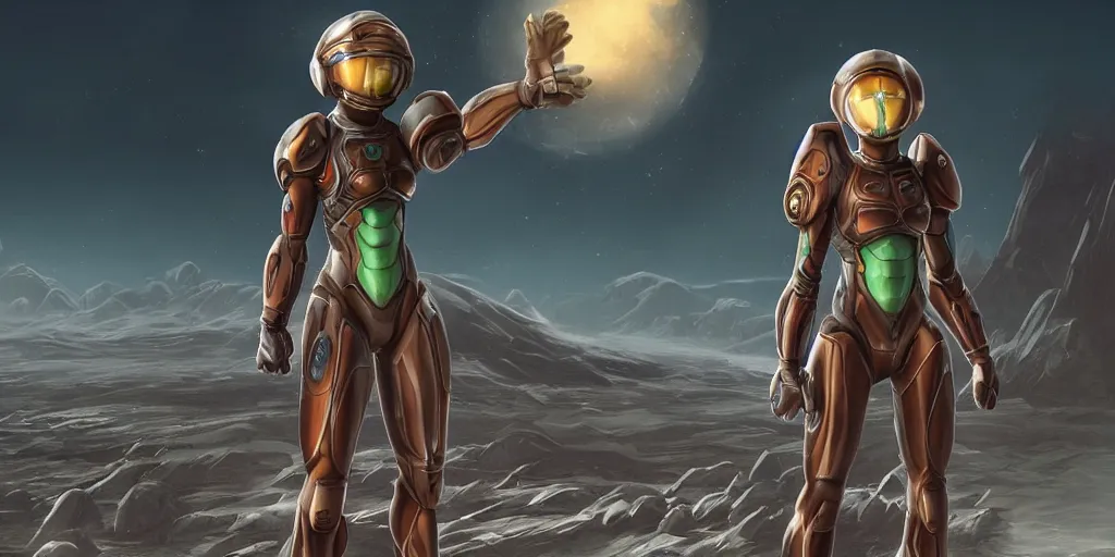 Image similar to Samus in the varia suit standing in the middle of a desolate planet, full body shot, the planet is full of otherworldly natural structures, two moons float above the horizon, futuristic, artstation, digital 2d drawing, high detail