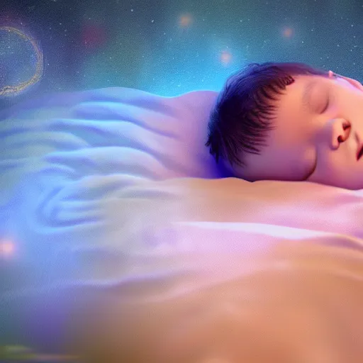 Image similar to A wide shot of a child asleep in bed, their dream hovering over their head like a hologram, beautiful digital painting