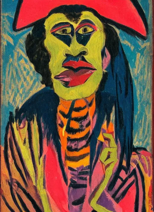 Image similar to a portrait of a voodoo shaman by Ernst Ludwig Kirchner, symbolist, soft colors, dramatic lighting, smooth, sharp focus, extremely detailed, made of feathers, aesthetically pleasing composition