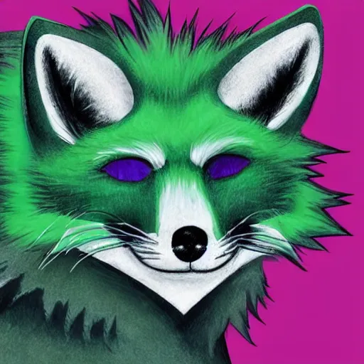 Image similar to close up of photorealistic green fox with green fur and magenta eyes, wearing a black hoodie, smoking weed