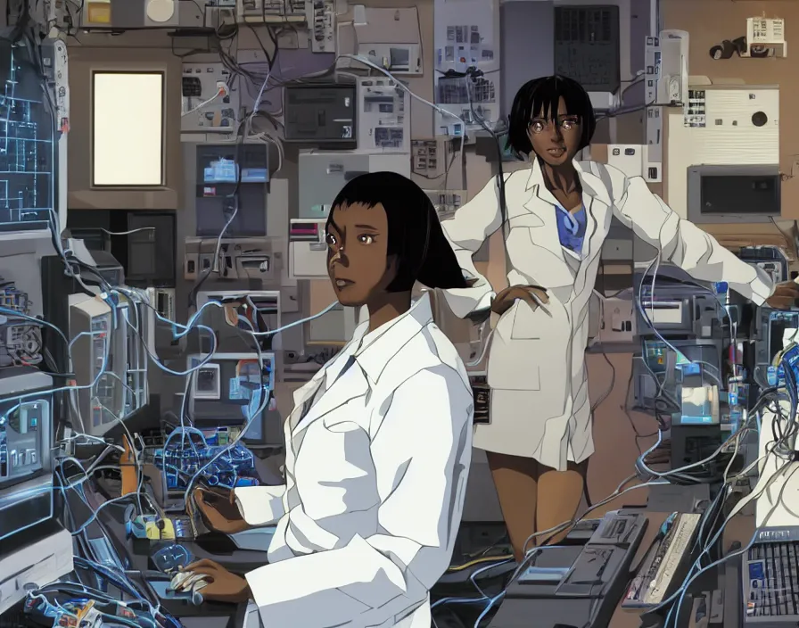 Image similar to dark skin woman wearing a white lab coat with a blue haircut, connected to wires, surrounded by 1 9 8 0 s computers, in the style of serial experiments lain and evangelion 1 9 9 5, dynamic lighting, dark ambience, cell - shaded, detailed face, retro tech