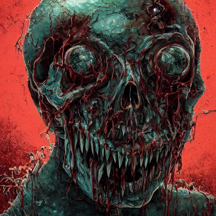 Image similar to portrait of a haunted melting skull. razor sharp teeth. infected with zombie fungus. intricate abstract. intricate artwork. nightmare fuel. by Tooth Wu, wlop, beeple, dan mumford. octane render, trending on artstation, greg rutkowski very coherent symmetrical artwork. cinematic, hyper realism, high detail, octane render, 8k, iridescent accents