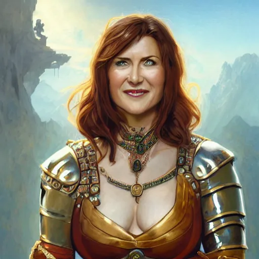 Image similar to portrait of Lucy Lawless as a warrior woman, looking at camera, D&D, intricate, elegant, stylish, cute smile, mouth slightly open, fantasy, extremely detailed, digital painting, artstation, concept art, smooth, sharp focus, illustration, stunning lighting, art by artgerm and greg rutkowski and alphonse mucha and simon stalenhag.