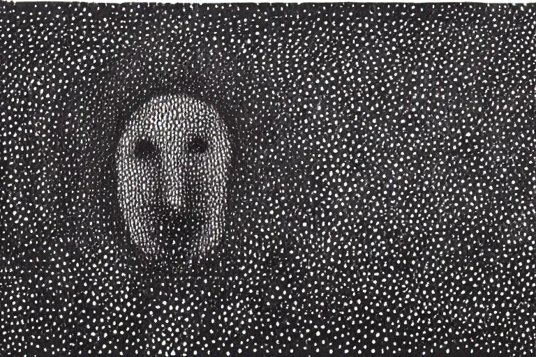 Image similar to face made out of planet, faceless people dark, dots, drip, stipple, pointillism, technical, abstract, minimal, style of francis bacon, asymmetry, pulled apart, cloak, hooded figure, made of dots, abstract, balaclava