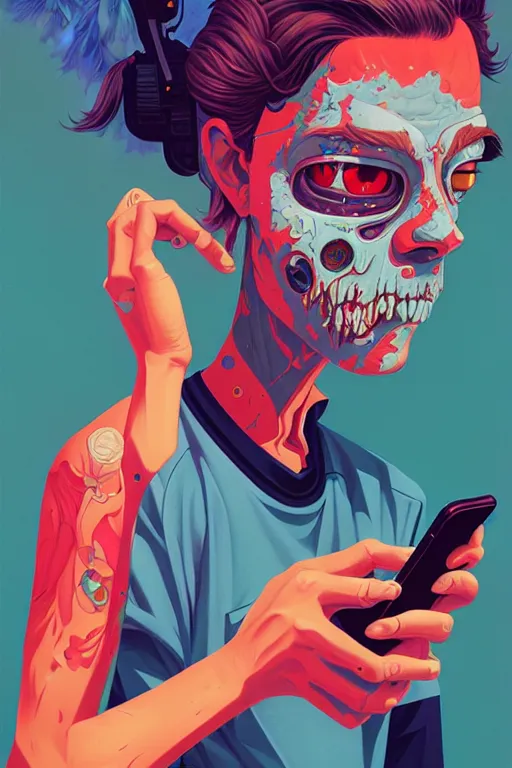 Image similar to a zombie teenager staring at their phone, tristan eaton, victo ngai, artgerm, rhads, ross draws