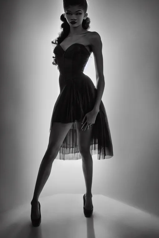 Prompt: zendaya in a dress doing a pin up pose, dark room, cinematic, volumetric lighting, hyperdetailed photograph