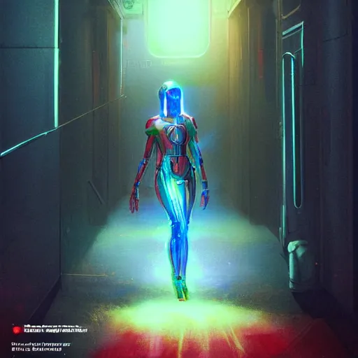 Prompt: humanoid yellow electric ghostly transparent lightning elemental wearing red and blue sci-fi goggles, haunted spaceship hallway, sci-fi artwork, horror, 8k, concept art, dramatic pose, art by artgerm and greg rutkowski, close shot, trending on artstation, creepy atmosphere
