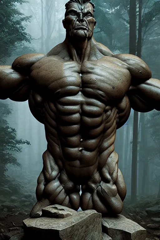 Image similar to greg rutkowski poster. ancient stone carved sculpture of a giant muscular man in the woods