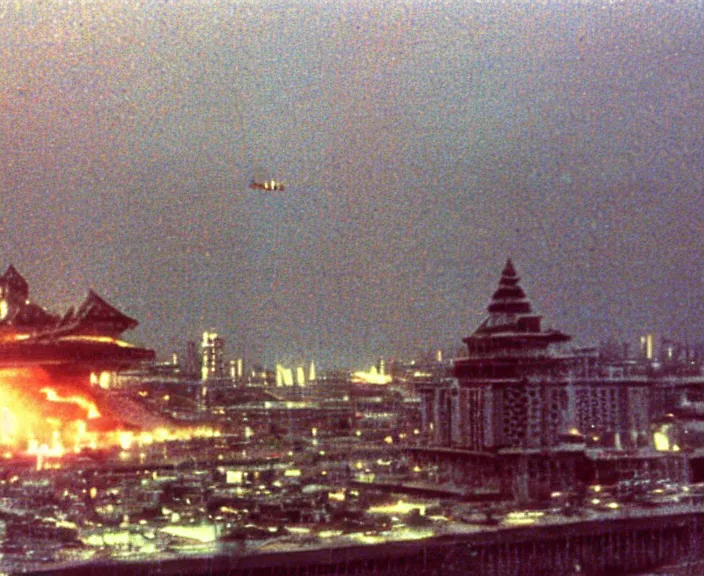 Image similar to Pulgasari the North Korean starfish monster destroying Pyongyang city, volumetric lighting, filmstill, produced by Kim Jong-il, Kodachrome, kaiju-eiga, monster movie, communist propaganda, film noir, 35mm film grain, Cooke Varotal 20-100mm T3.1, in the style of Ishirō Honda and Stanley Kubrick