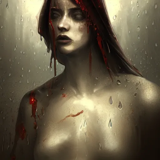 Image similar to shadow of the cross, impudent facial expression of shameless woman, atmosphere of bloody rain, trending on artstation, highly detailed, digital painting, volumetric light, concept art, sharp focus, illustration