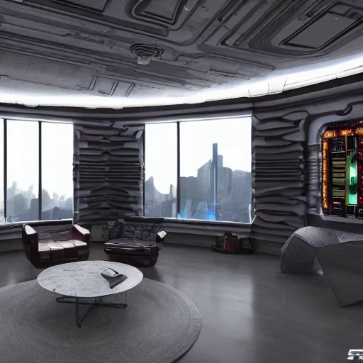 Image similar to Sci fi living room lab, cybernetic wallpaper, unreal engine 5 tech demo, zillow interior, cool tint, metallic reflective, octane render, Frank Lloyd Wright ((Studio Ghibli))