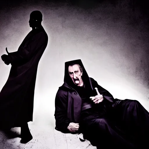 Image similar to Photoshoot of Wesley Snipes as Blade and Christopher Lee as Dracula in the Style of Annie Leibovitz, Studio Lighting