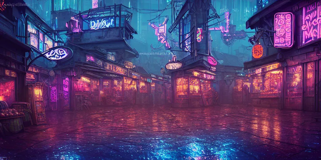 Prompt: fantasy medieval cyberpunk townscape, rain, neon signs, shops, arcade, market, nightclub, weaponsmith, blacksmith, armorer, floating vehicles, people, cinematic establishing shot, purple teal blue white pink orange color scheme, sharp focus, very realistic, photorealistic, intricately detailed, finely textured, cgsociety