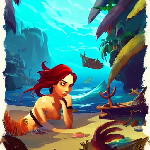 Image similar to painting mermaid treasure on sea of thieves game avatar hero smooth face median photoshop filter cutout vector, behance hd by jesper ejsing, by rhads, makoto shinkai and lois van baarle, ilya kuvshinov, rossdraws global illumination