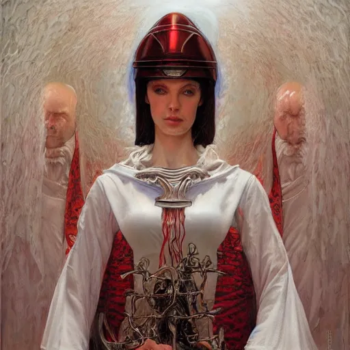 Image similar to portrait of a priestess, wearing all - white clothes, and a red helmet, by gerald brom, donato giancola, and berthold woltze.