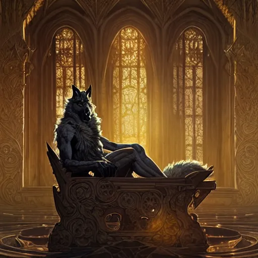 Image similar to a werewolf king in your throne room, intricate, elegant, highly detailed, digital painting, artstation, concept art, smooth, sharp focus, illustration, thriller atmosphere, art by artgerm and greg rutkowski and alphonse mucha