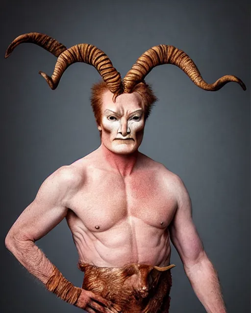 Image similar to actor Conan O’Brien in Elaborate Pan Satyr Goat Man Makeup and prosthetics designed by Rick Baker, Hyperreal, photos in the style of Annie Leibovitz