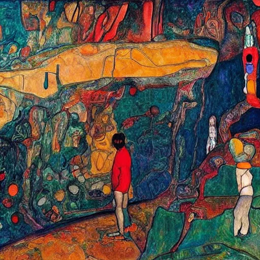 Prompt: This art installation is one of the most beautiful art installations I have ever seen. The colors are so vibrant and the brush strokes are so fluid. It looks like the art installation is alive. graphic novel, surrealism by Egon Schiele desaturated