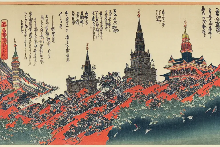 Prompt: moscow state university main building, being attacked by samurais, by katsushika hokusai