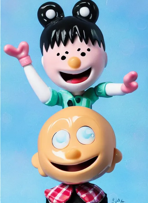 Image similar to a hyperrealistic oil panting of a looney kawaii vocaloid figurine caricature with a big dumb goofy grin and pretty sparkling anime eyes featured on Wallace and Gromit by studio trigger