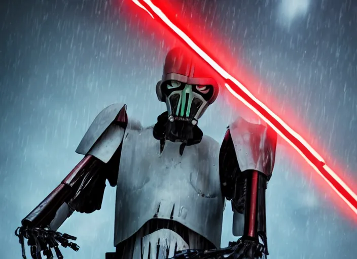 Image similar to portrait photo of general grievous with arms holding 4 activated red lightsabers in the rain. cyberpunk horror style.