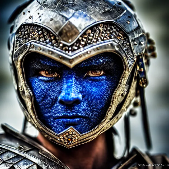 Image similar to photo of a warrior with sapphire encrusted armour highly detailed 8 k hdr smooth sharp focus high resolution award - winning photo dslr 5 0 mm