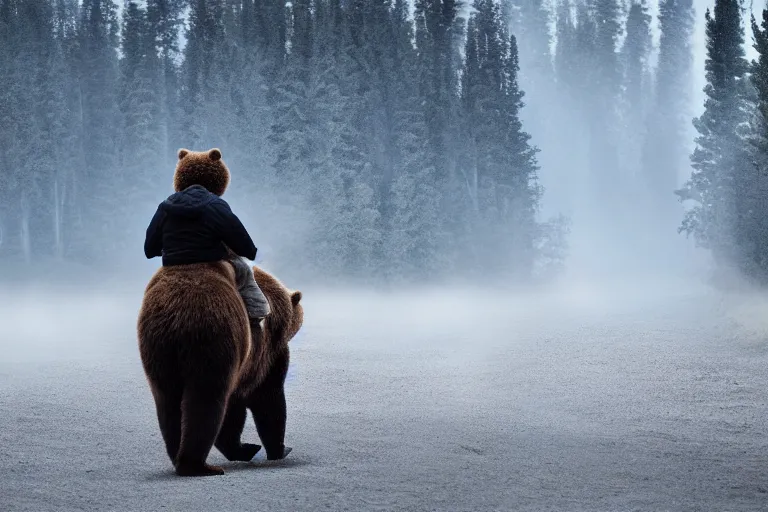 Image similar to back of bob ross riding on the back of brown bear in alaska at fall season, outdoor lighting, realistic, photo, national geographic photo, volumetric, fog