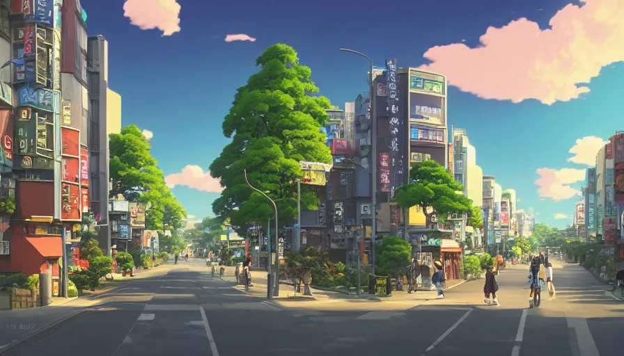 Image similar to A highly detailed matte painting of a suburban tokyo street with a bright shimmering sky by Studio Ghibli, Mokoto Shinkai, by Artgerm, by beeple, volumetric lighting, octane render, 4K resolution, trending on artstation, vivid colours