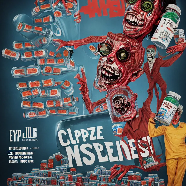 Image similar to hyperdetailed poster painting in a color style of 70's black poster art of an a crazy pharmacist zombie holding a giant jar of pills, epic scale ultrawide angle, 3D rendered, Vray rendered, octane render, unreal engine