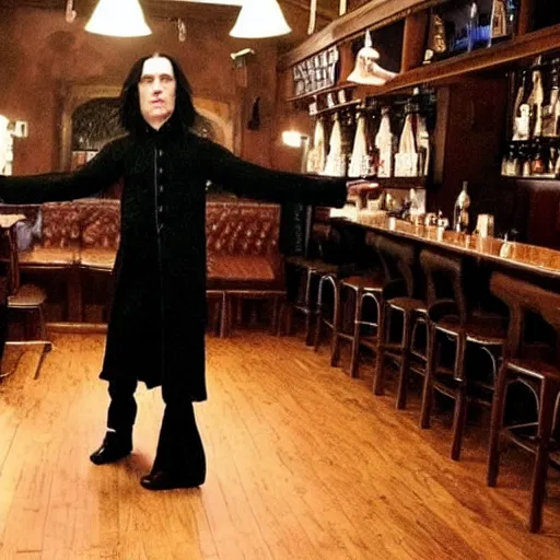 Image similar to Severus Snape dances in a bar, realistic, full body, very detailed, super realistic