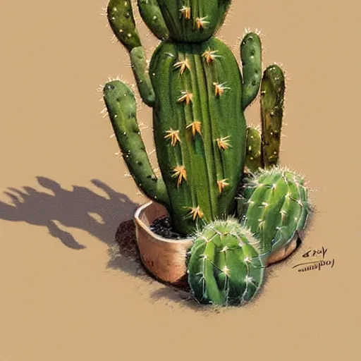 Image similar to Cactus man strikes again, concept art by James Gurney.