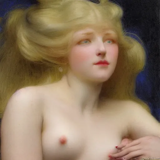 Prompt: young woman's face, her hair is white and she wears a cobalt blue duchesse satin cloak, by gaston bussiere and moebius and syd mead and roger dean and ivan aivazovsky and aelbert cuyp and willem claesz and pieter claesz and paul delaroche and alma tadema, hyperrealistic, volumetric light, octane