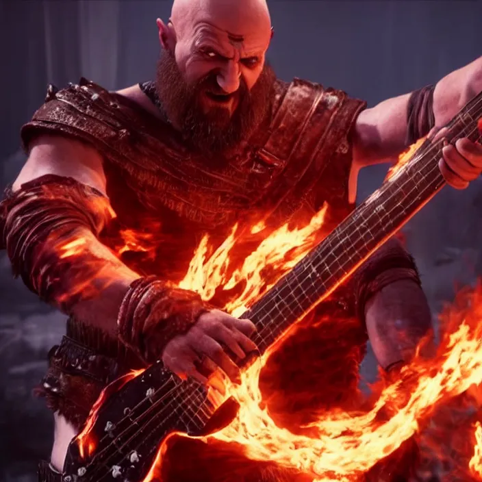 Image similar to kratos rocking out on a flaming stratocaster guitar, cinematic render, god of war 2 0 1 8, playstation studios official media