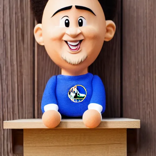 Image similar to stock photo of klay thompson troll doll on a wooden shelf