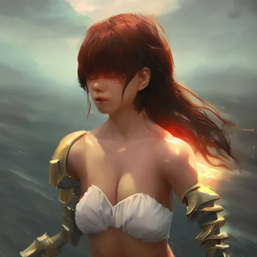 Image similar to kodak portra. by wlop, ilya kuvshinov, krenz cushart, greg rutkowski, trending on pixiv. zbrush sculpt, octane, maya, houdini, vfx. cute amazon woman wearing bikini armor. digital painting. cinematic dramatic atmosphere, sharp focus, volumetric lighting.
