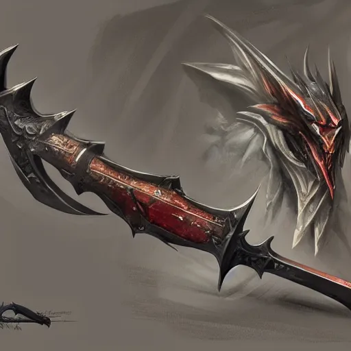 Image similar to concept art of legendary dragon scythe weapon, scythe design, fantasy scythe, fantasy, behance, pinterest, deviantart, artstation, weapons concept art, design, rpg, weapon, detailed, digital art, incredible, digital painting