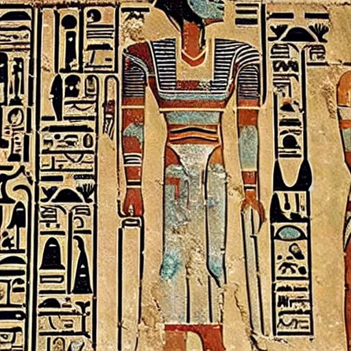 Prompt: Egyptian hieroglyphs telling story of Boba Fett visiting ancient Egypt, museum catalog photo