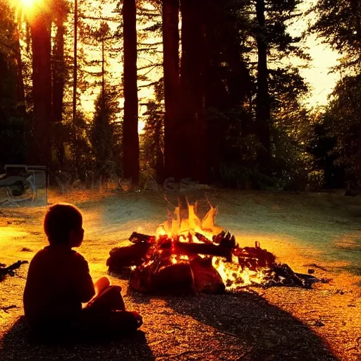 Prompt: sitting around the fire, forest, sea, highly detailed, cinematic, ray of golden sunlight