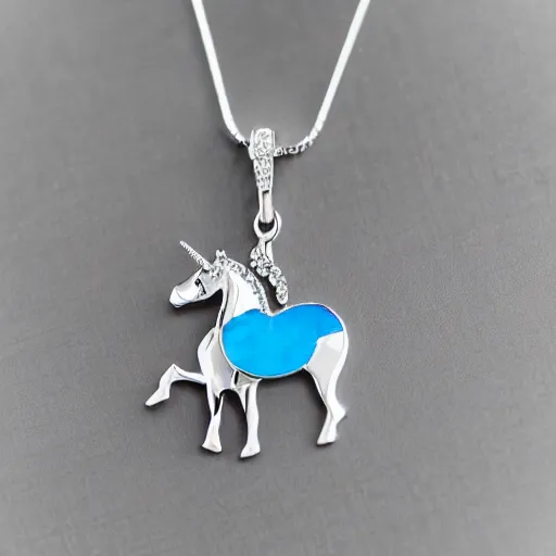 Image similar to a lovely silver cartoon unicorn necklace pendant, 3 d rendering, pandora style, tiffany style, swarovski style, van cleef & arpels style, cartier style, boucheron style, bulgari style, chaumet style, elegant, noble, stylish