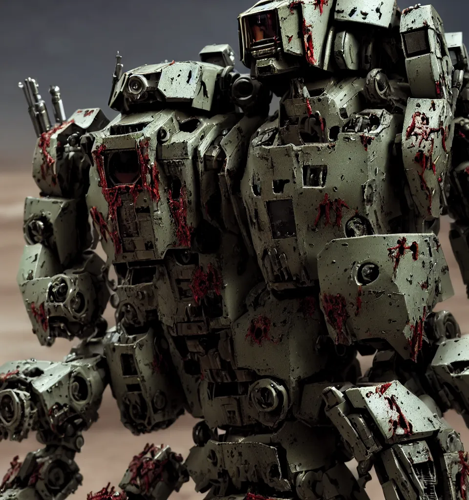 Prompt: a close up cinematic still of a zombie heavy battlemech military with flesh, by kow yokoyama, maschinen krieger, hobby japan, stormy post apocalyptic desert, highly detailed, 3 5 mm, shot with canon 5 d mark ii, face detail, rob bottin, rick baker, jordu schell, artstation, cg society, soft illumination