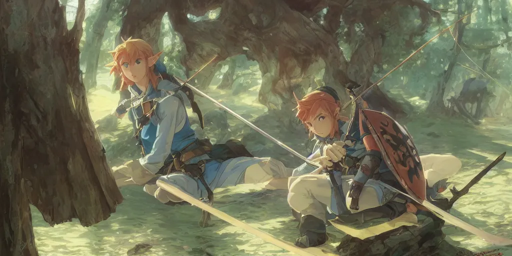 Image similar to cinematic full anime portrait of link from zelda resting with his bow at his tent. intricate, elegant, highly detailed, digital art, artstation, concept art, smooth, sharp focus, illustration, by stanley artgerm, greg rutkowski, studio ghibli, alphonse mucha, norman rockwell 8 k