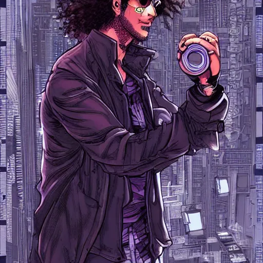 Image similar to a cyberpunk curly-haired persian guy by masamune shirow, digital art, aesthetic